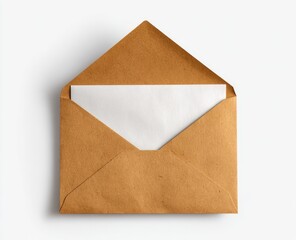 Open brown kraft envelope with blank white paper inside