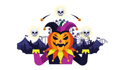 Haunted Halloween Carnival: A spooky illustration featuring a jester-faced pumpkin at a Halloween carnival, accompanied by floating skulls, and a dark carnival atmosphere filled with spooky elements.