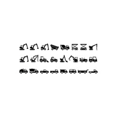 Collection of black construction vehicle and truck icons on white background excavator dump truck