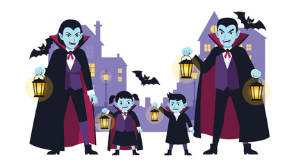 Halloween Family with Lanterns: A whimsical illustration captures a spooky Halloween scene, featuring a family of vampires, illuminated by the warm glow of lanterns.