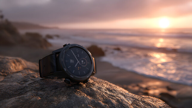 Sleek smartwatch resting on beach rock at sunset, a modern lifestyle accessory for the adventurous and tech-savvy individual embracing outdoor fitness