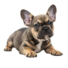 Fototapeta premium A charming French Bulldog puppy with captivating eyes, resting and looking directly towards viewer. This image captures the delightful personality of the breed.
