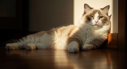A Ragdoll cat basking in sunlight on a wooden floor