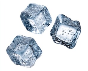 Obraz premium Three ice cubes, slightly transparent, in mid-air, against a white background. They are cubed, with visible air pockets
