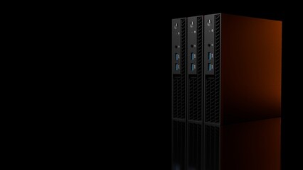 Pair of horizontal ISP server towers with orange glow on black