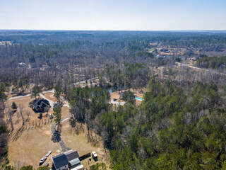 Aerial landscape Grovetown suburb in winter after Hurricane Helene in Appling Augusta Georgia