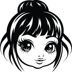 Cartoonstyled smiling girl exhibits striking stylized eyes and a neatly arranged hairstyle