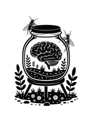 Brain in a jar with bees and plants illustration