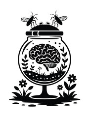 Brain in a jar with flies and plants symbolizing ideas