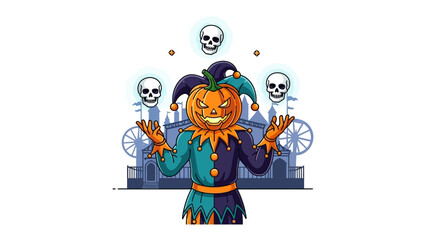 Juggling Spooky: A spooky joker with pumpkin head and skull juggling in front of haunted palace, creating a fun scary view and the essence of Halloween