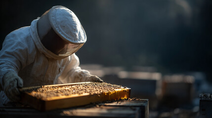 A beekeeper in a white protective suit harvesting honey on a bee farm. Beehives and agriculture.