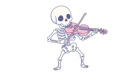 A cartoon skeleton playing a violin with a bow, standing in a lively pose, creating a spooky yet fun Halloween musical scene.