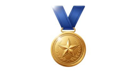 Gold medal with blue ribbon and star emblem isolated PNG with Transparent Background