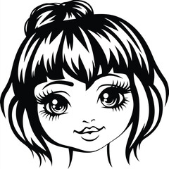 A stylish young girl showcases bold eyelashes and a chic, minimalist hairstyle in monochrome