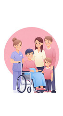 Happy family with elderly woman in wheelchair, nurse, parents, and child standing together, showing care and support, healthcare and multigenerational concept, pink background