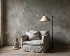 Light beige linen armchair in a room with distressed gray walls.