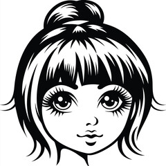 face of a young woman with bangs and bun hairstyle in black and white