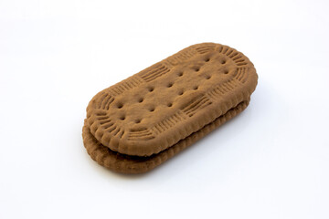 A sweet wafer filled with chocolate cream isolated on white background. Perfect for a sweet snack or tasty dessert.