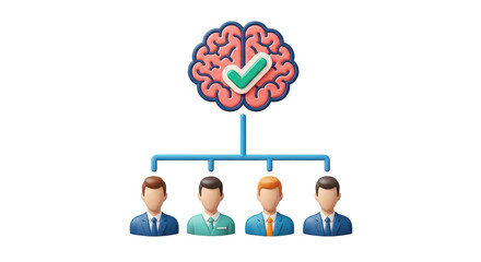 Isolated brain with checkmark connected to group of people, thinking together, collaboration