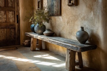 Rustic wooden bench with pottery and plants in a hallway.