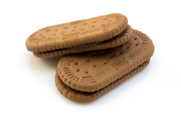 Sweet wafers filled with chocolate cream isolated on white background. Perfect for a sweet snack or tasty dessert.