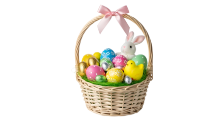 Easter basket with eggs, chick, and bunny isolated PNG with Transparent Background