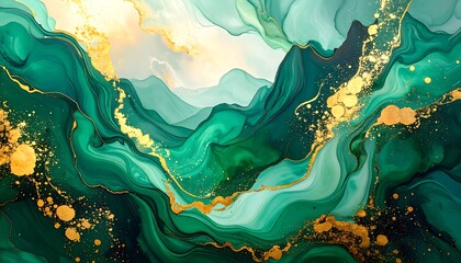 Abstract swirls of emerald green and gold