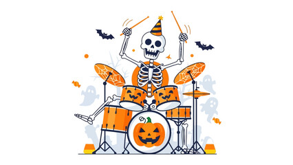 Spooky Drummer's Halloween Performance: A festive, whimsical illustration captures the essence of Halloween with a cheerful skeleton playing the drums, surrounded by bats, ghosts.