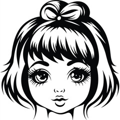 Black and white line art depicts a stylized face with big eyes and bow
