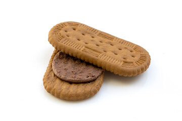 Sweet wafers filled with chocolate cream isolated on white background. Perfect for a sweet snack or tasty dessert.