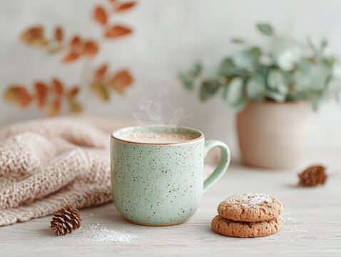 Cozy Autumn Vibes: A steaming cup of coffee and delicious oatmeal cookies. Perfect for a relaxing afternoon.