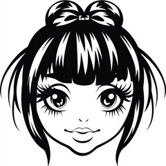 Beautiful monochrome girl with large eyes and a hair bow is looking forward