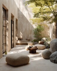 Neutral-toned interior courtyard space with natural elements.