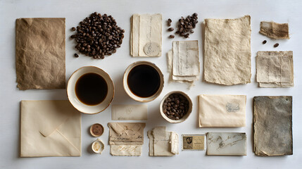 Artistic coffee and vintage paper flat lay evokes nostalgia and old-world charm for branding, blog, or social media use with a rustic aesthetic