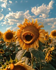 Surreal Sunflower Field with Monster Mouth
