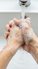 Fototapeta premium Hand soap water washing hygiene cleanliness foam skin health prevention create sense of freshness and safety in this close up of hands being thoroughly washed under running water