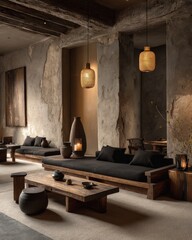 A rustic, minimalist living room with natural wood furnishings.