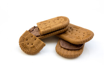 Sweet wafers filled with chocolate cream isolated on white background. Perfect for a sweet snack or tasty dessert.