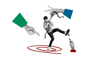 Creative collage young man fear hanging rope hands body fragments fork hunger eat food frustrated clueless panic drawing background