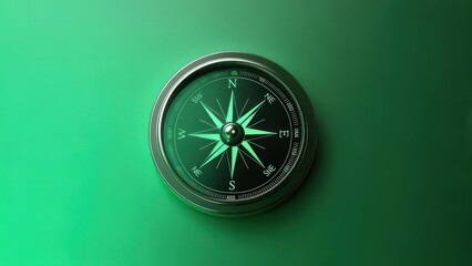 A metallic compass with a glowing green needle rests on a vibrant green background, suggesting direction and guidance