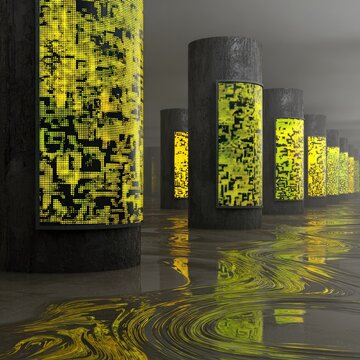 Dark, cylindrical pillars, glowing yellow graphic panels, reflecting pool