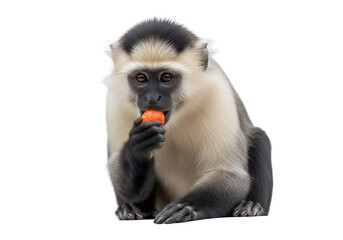 Obraz premium Close-up of a primate, displaying a peaceful expression while holding and consuming a piece of fruit.? The image highlights the detailed features and textures of the animal's fur and the orange food.