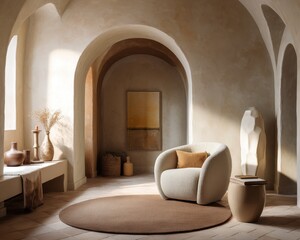 A neutral-toned interior design featuring a modern armchair and round rug.