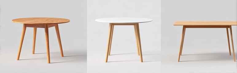 Three light wooden tables, one white, two light brown, with simple mid-century legs