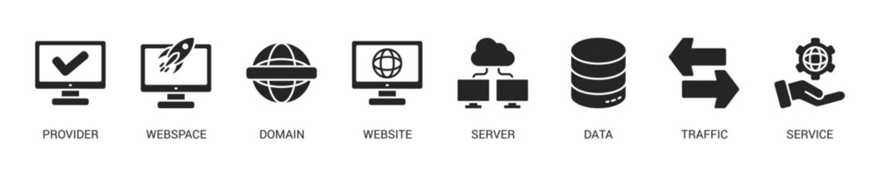 Web Hosting Glyph Icon Set For Web Banner. Vector Illustration Concept With Some Icons. Designed In Glyph Style