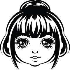 Black and white portrait displays a girl's face with big eyes and hairstyle