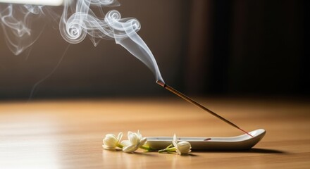 Burning incense stick with swirling smoke and jasmine flowers on a wooden surface perfect for spa and wellness advertising