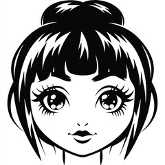 Cartoon face of a cute anime girl with big eyes is depicted in black