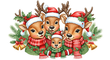 Fototapeta premium Cute reindeer family wearing red Santa hats, green sweaters, and red scarves, surrounded by holly, pine branches, and golden bells, smiling joyfully in festive Christmas scene