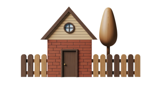 Isolated Cartoon House with Wooden Fence and Tree, Playful Vector Illustration, Nobody